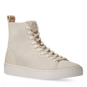 NIB Michael Kors Edie Knit Lace Up High Top Sneakers in Light Cream